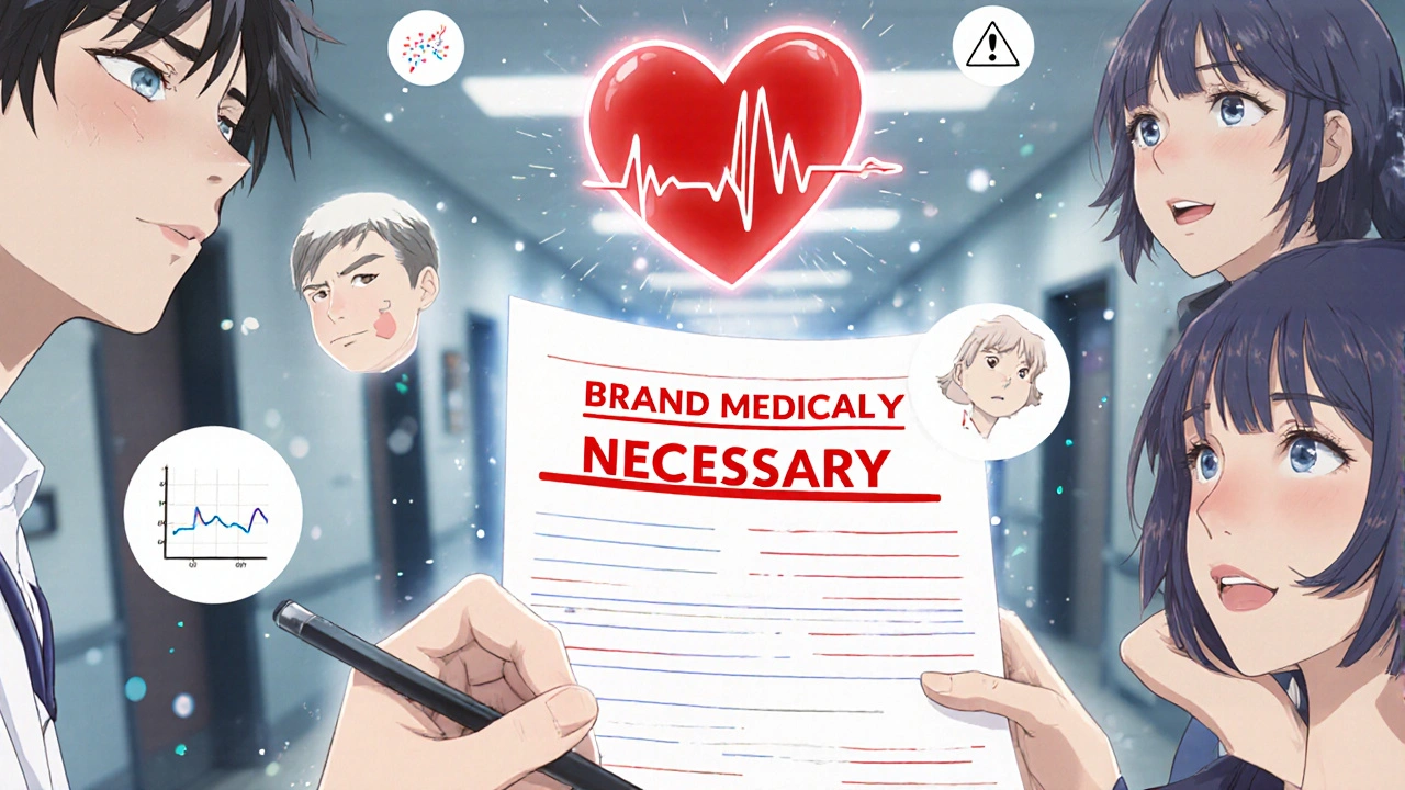 A doctor writes &#039;Brand Medically Necessary&#039; on a prescription, with glowing patient icons above.