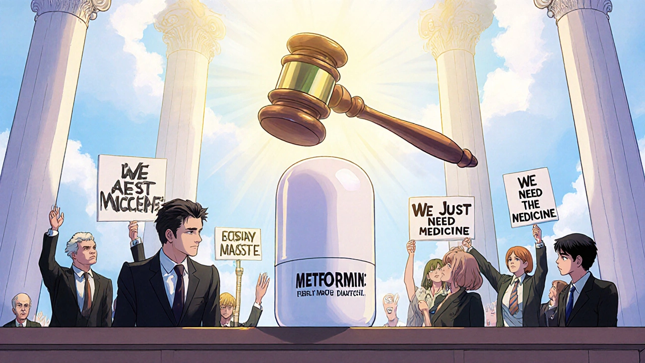 A generic pill on trial before shadowy executives made of money, while patients hold signs demanding access to medicine.