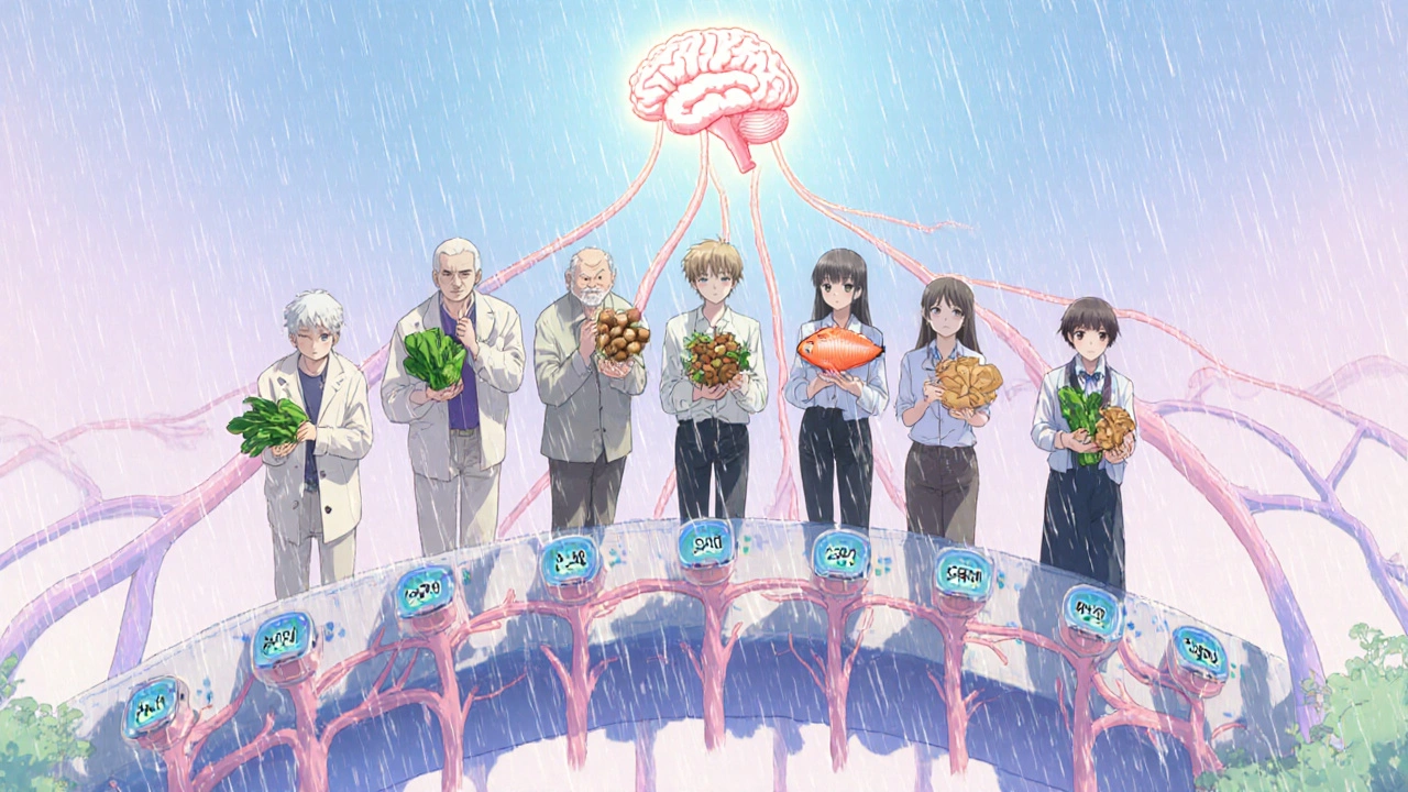 A group of people hold healthy foods on a bridge of glucose monitors, their shadows forming strong arteries leading to a glowing brain above.