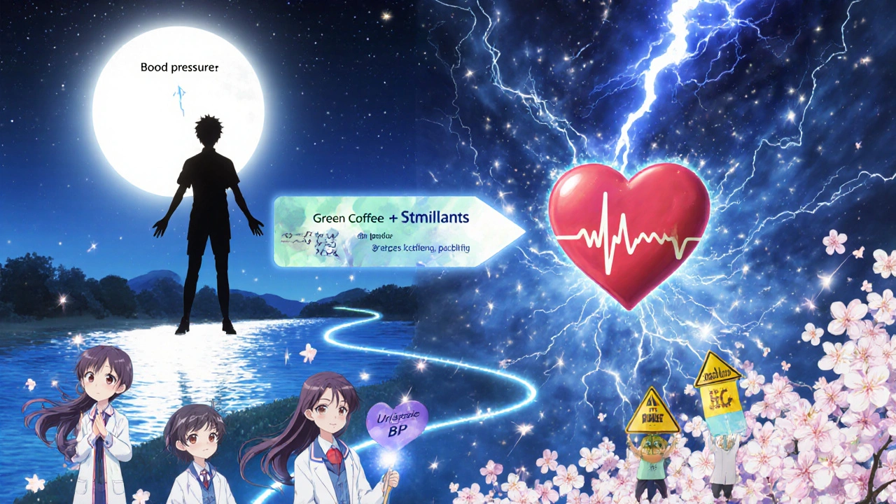 A medical chart in the sky with two paths: one calm, one stormy, representing blood pressure stability vs. risk.