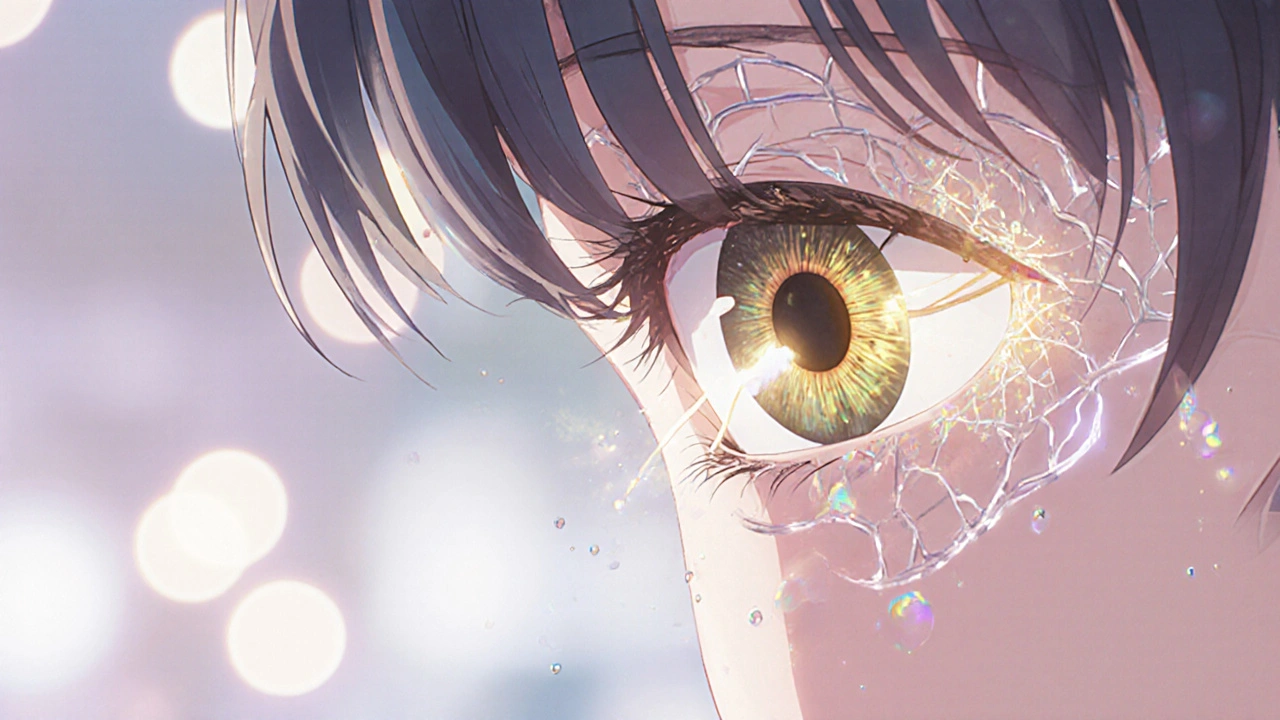 A micro-stent glows as it is inserted into the eye&#039;s drainage system, surrounded by ethereal light.