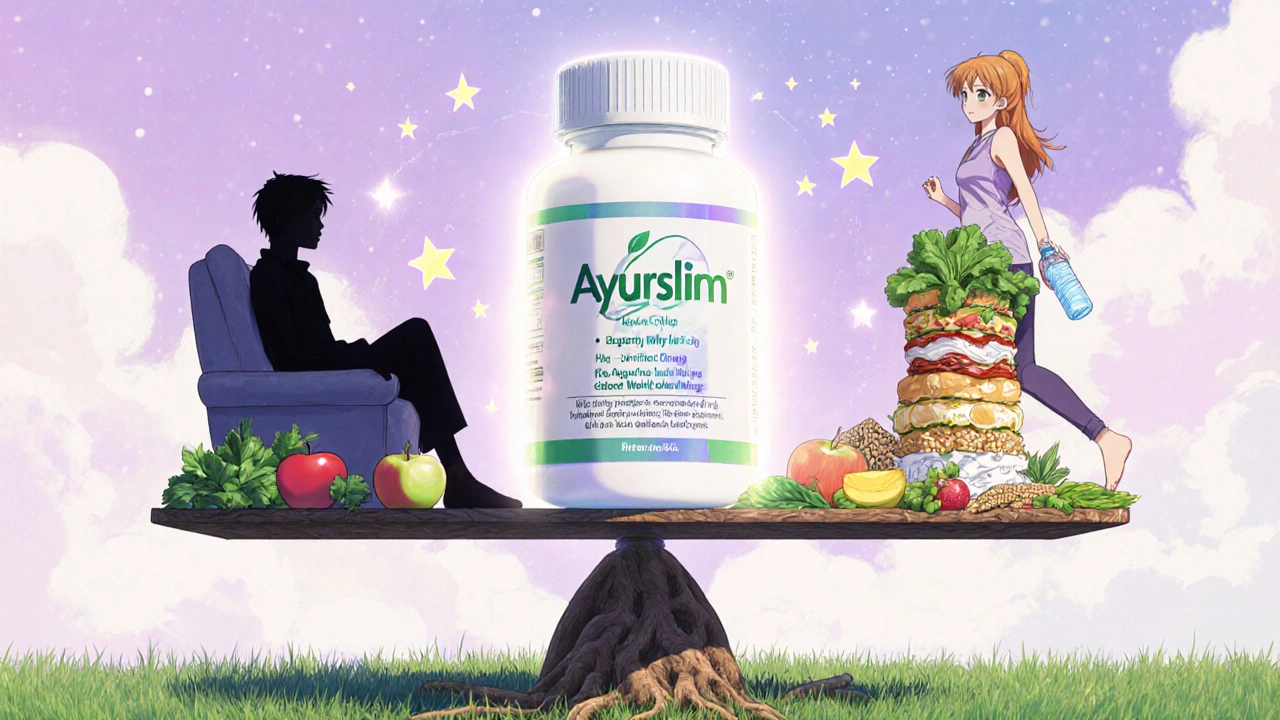 A mystical scale balancing a supplement capsule against healthy foods, with contrasting lifestyles on either side.