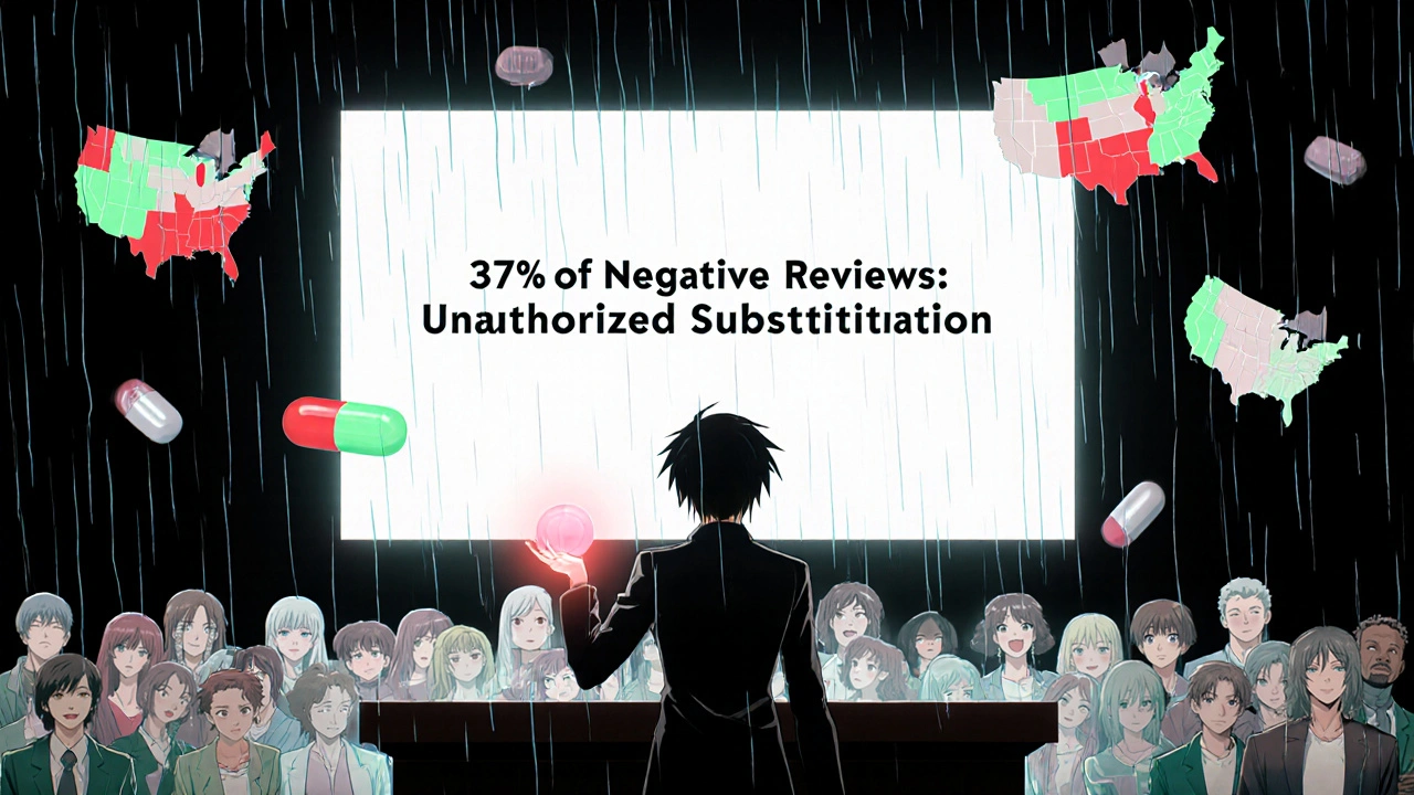 A patient stands before a screen showing substitution data, with morphing generic pills behind them.