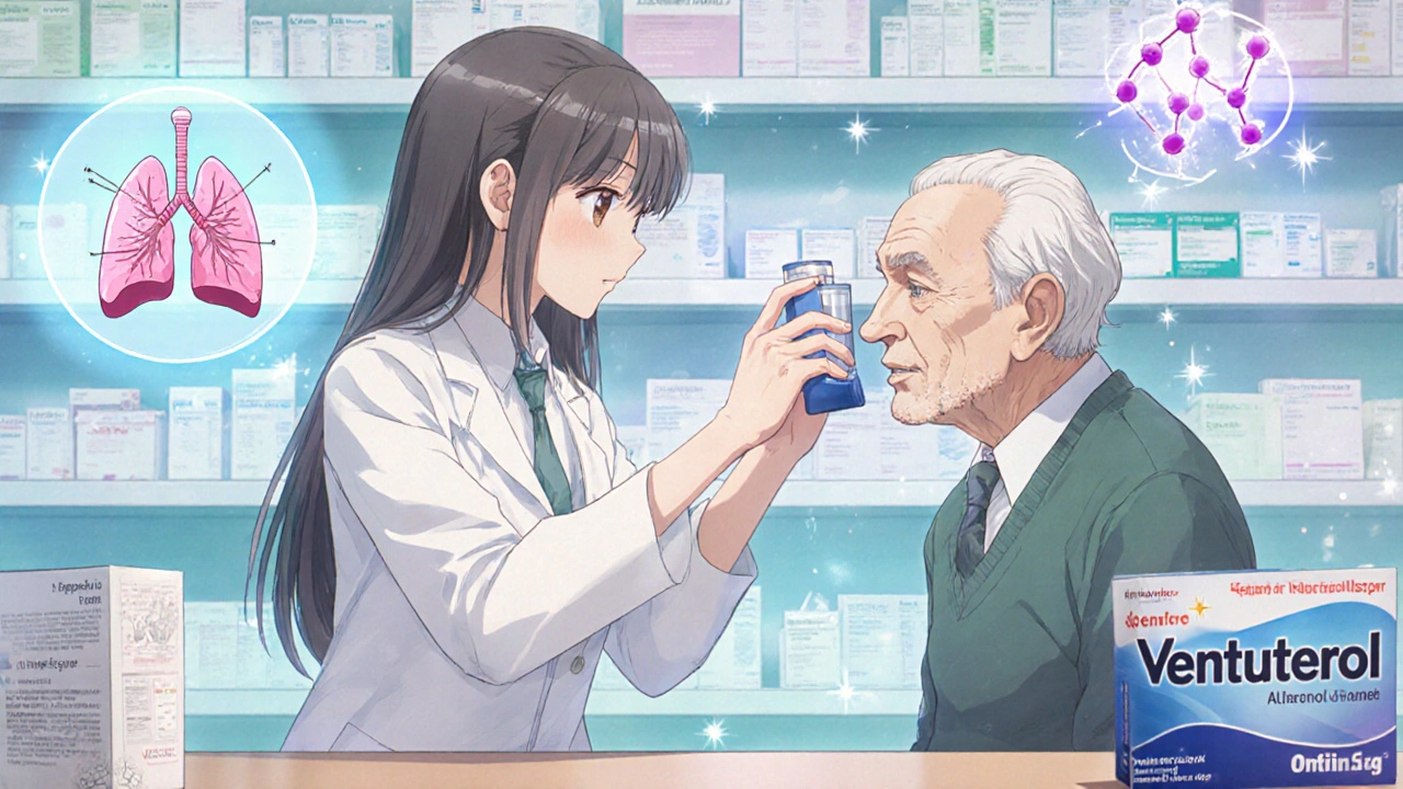 A pharmacist demonstrating inhaler technique with a spacer, surrounded by floating lung diagrams.