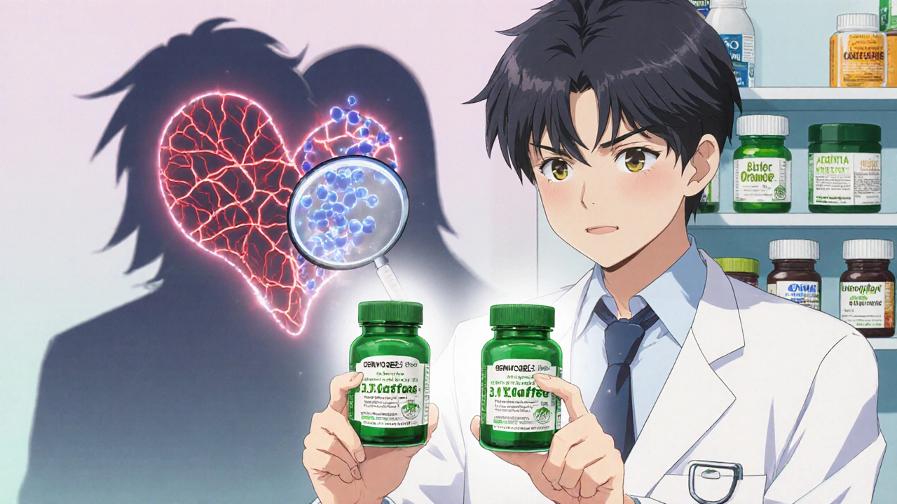A pharmacist showing two capsules with vastly different caffeine levels, shadow forming a fractured heart.