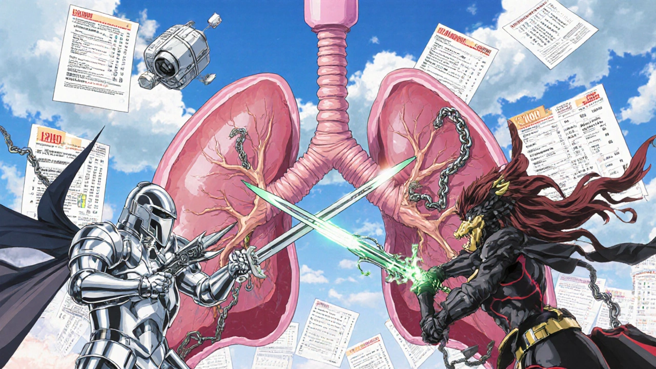 A surreal battle inside a lung with medical heroes fighting airway constriction in anime style.