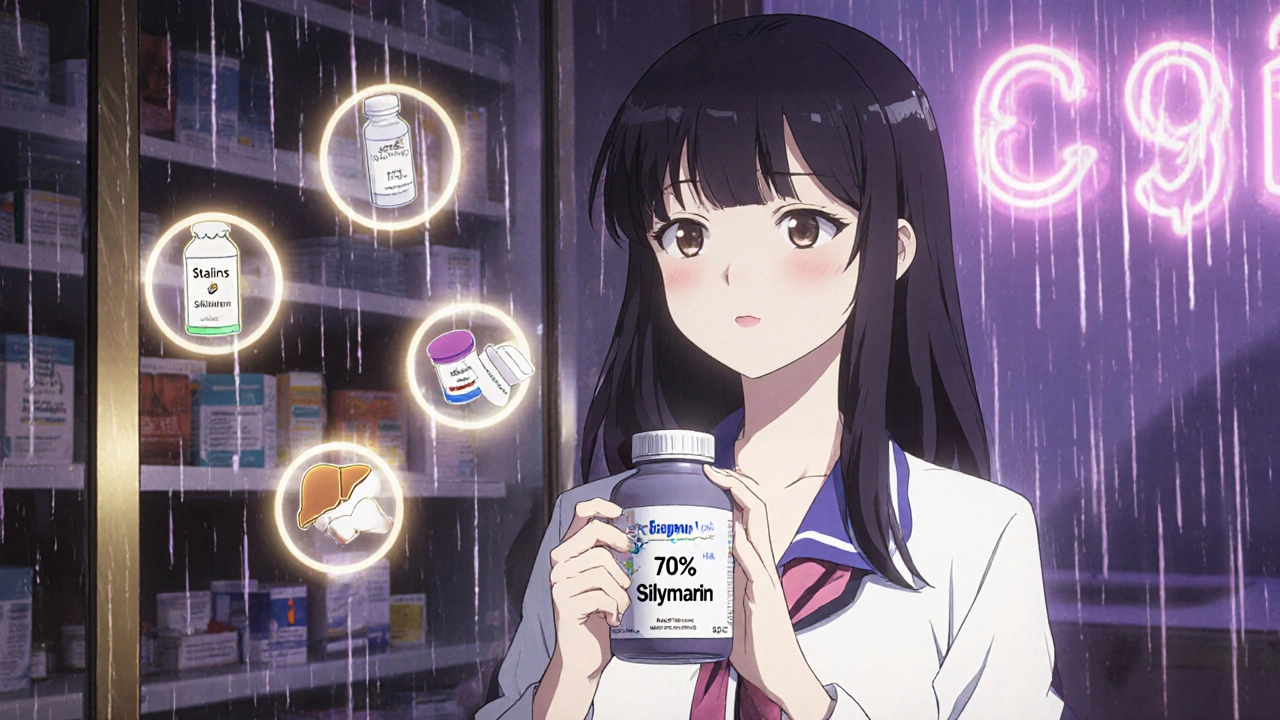 A woman in a pharmacy holding milk thistle, with floating drug icons reflecting her liver&#039;s metabolic risks.