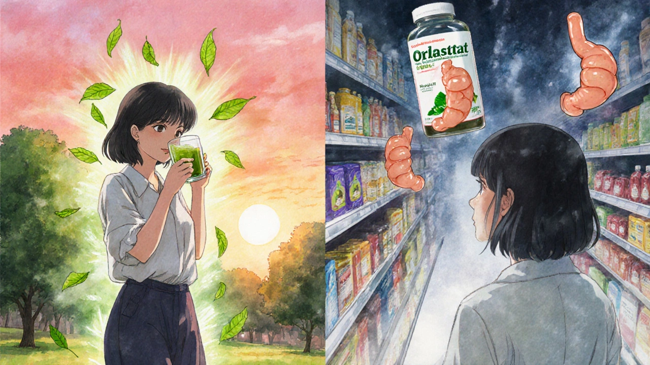 A woman walking peacefully with green tea energy beside a chaotic aisle with floating oily stool symbols.