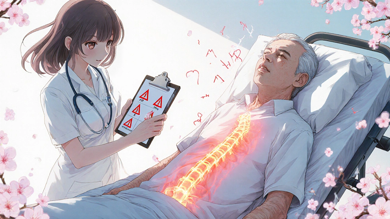 An elderly man on a gurney with a glowing MRI scan revealing a spinal fracture, surrounded by soft cherry blossoms.