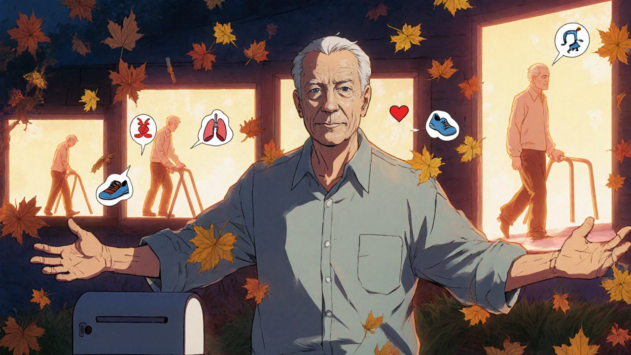 An elderly man standing proudly at his mailbox, no longer breathless, with a glowing progress timeline behind him.