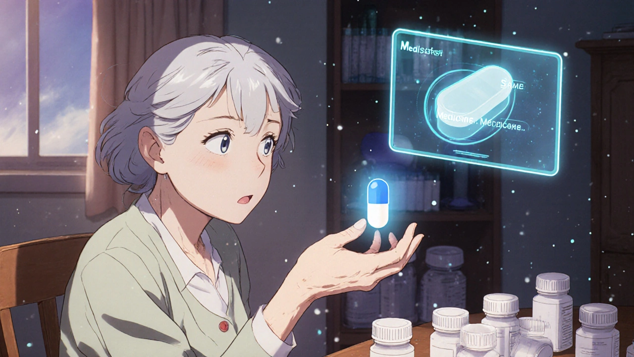 An elderly woman stares at a new blue pill as a ghostly image of her old white pill hovers beside it, with a digital app confirming its identity.