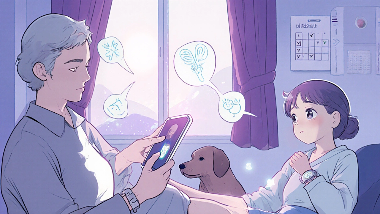 An older woman doing home rehab on her tablet with a virtual therapist, wearable sensors glowing softly as her dog waits nearby.