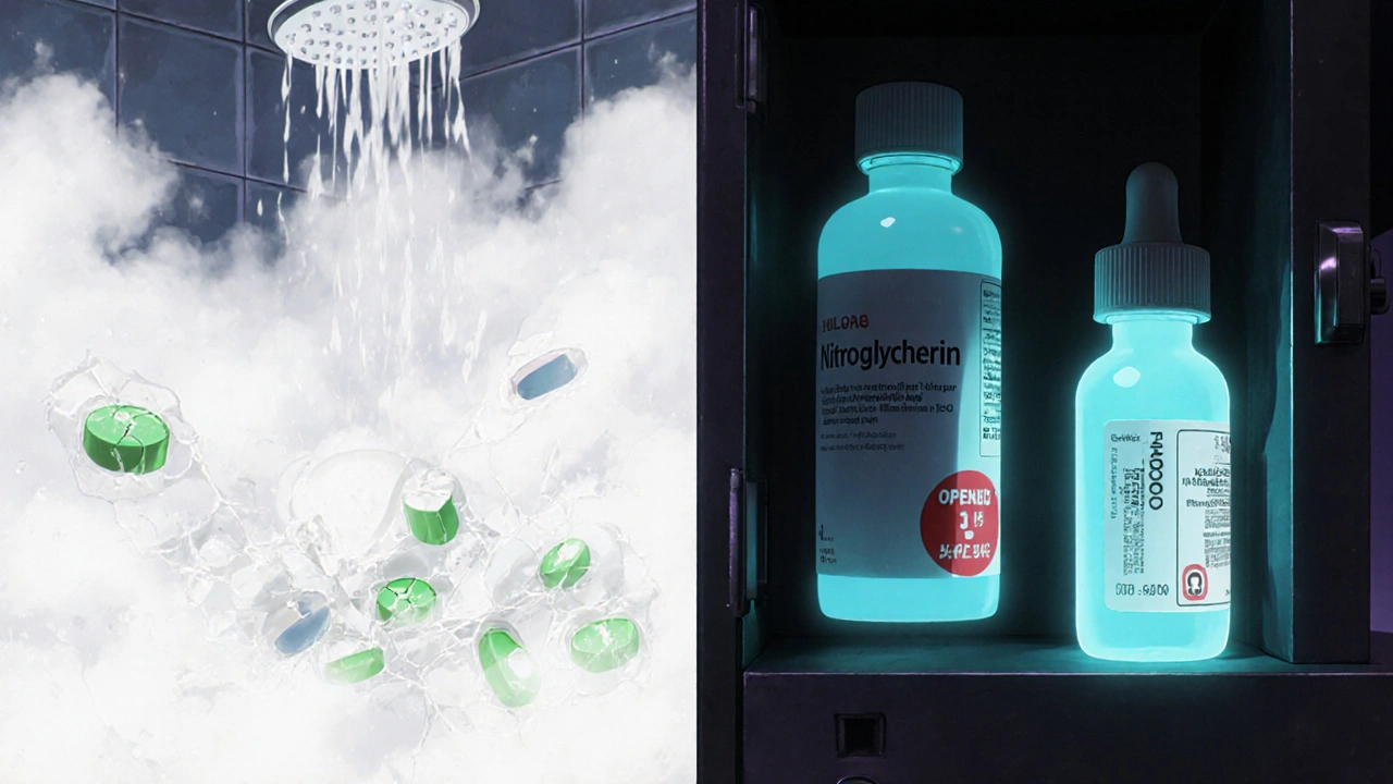 Contrasting scene: bathroom with damaged pills vs. safe cabinet with glowing, stable medications.