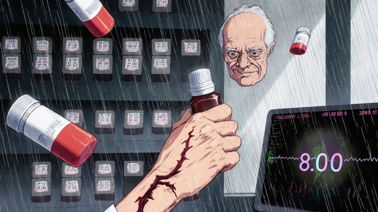 Elderly man gripping warfarin bottle as blood vein climbs toward heart, INR numbers flicker dangerously in anime style.