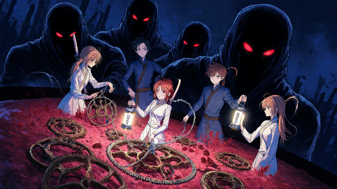 Intricate clockwork ribosomes being sabotaged by ninja-like antibiotic agents in a bacterial cell.