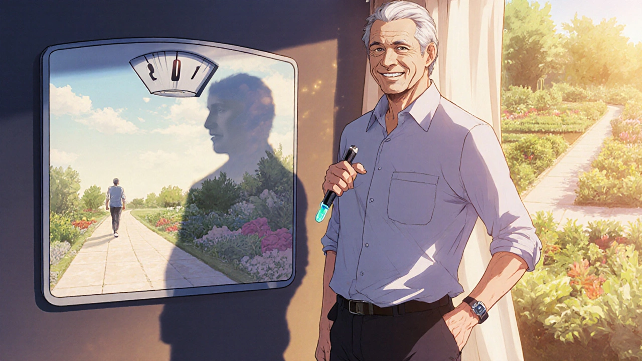 Man smiling beside a scale showing weight loss, his shadow transformed into a healthier version