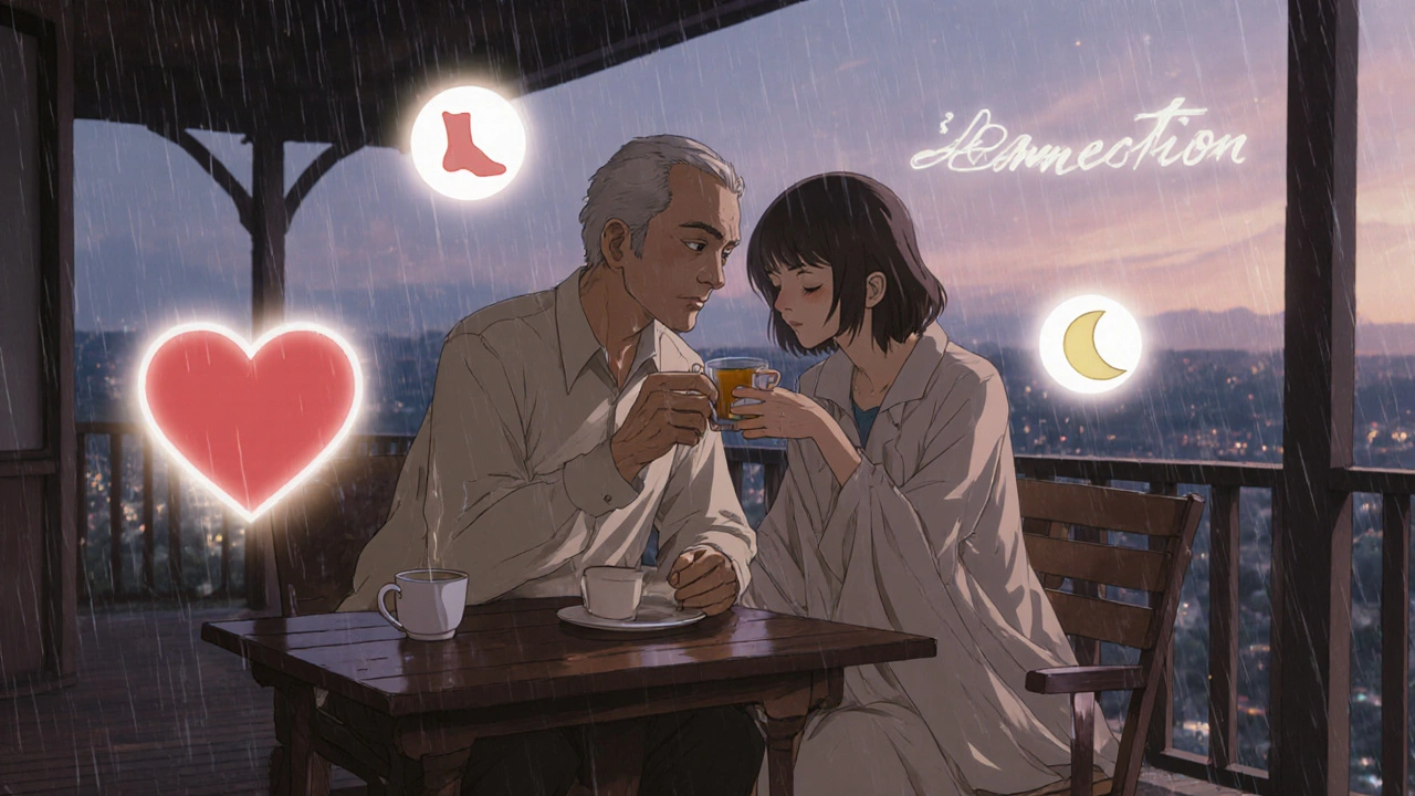 Older couple on a porch at twilight, pill beside tea cups, abstract symbols of connection float gently around their hands.