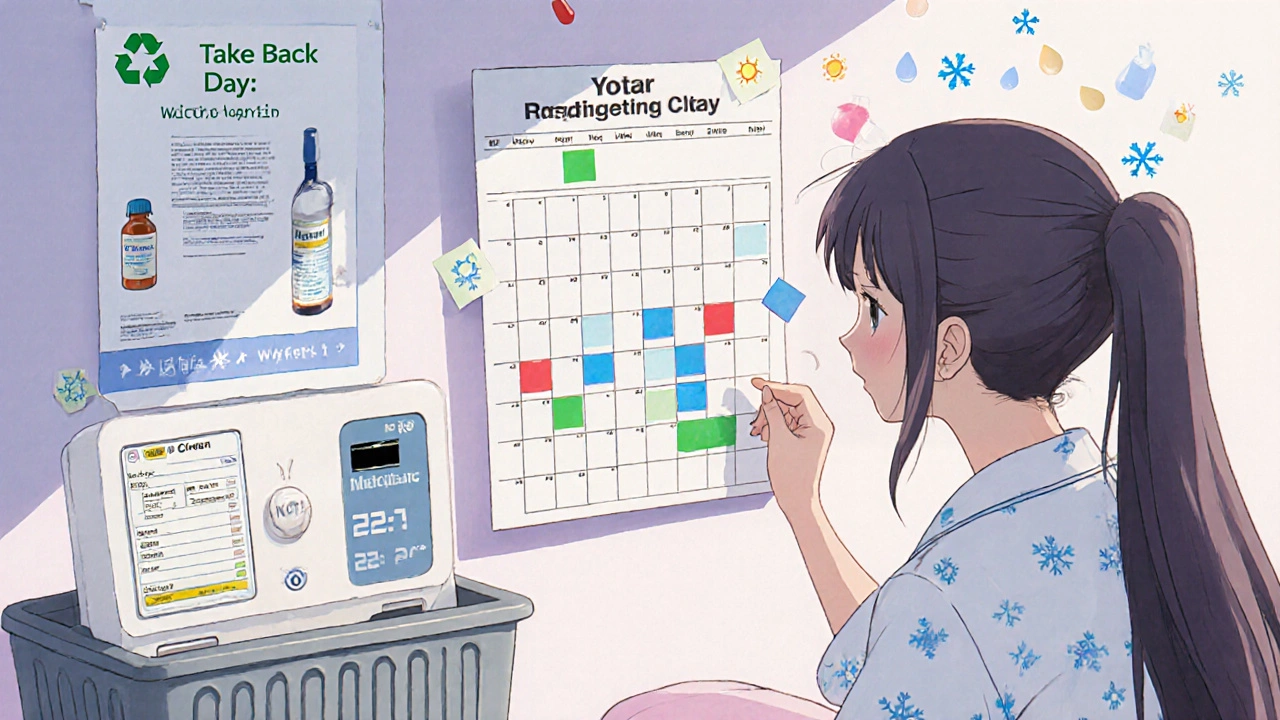 Person checking monthly medication tracker with colored stickers and a smart pillbox displaying safe temperature.