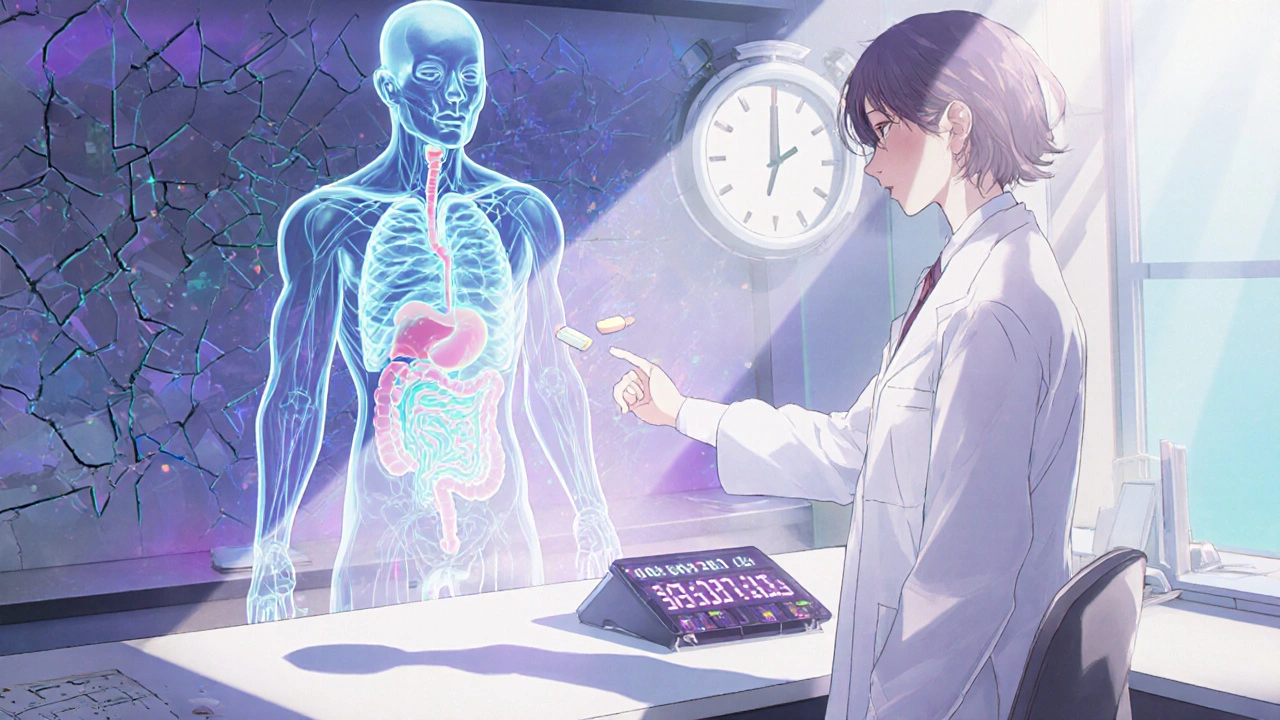 Scientist projecting a holographic drug pathway through a virtual human body in a high-tech lab.
