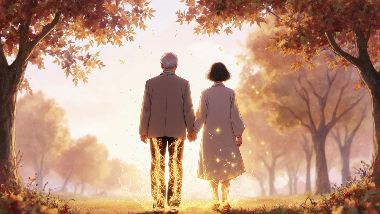 Senior couple walking in a park at sunrise, golden aura of blood flow surrounds the man, autumn leaves falling around them.