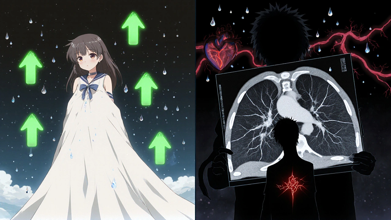 Split-panel showing healthy vs damaged lungs with medical symbols in manga art style