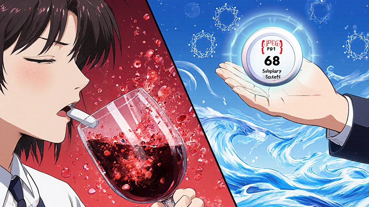 Split scene: an opioid tablet rapidly dumping into a bloodstream vs. dissolving slowly in pH 6.8 fluid.