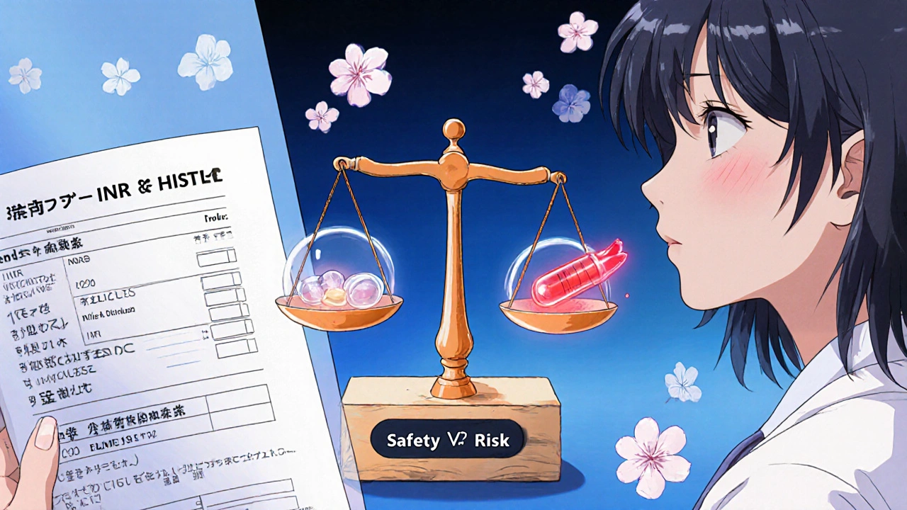 Split scene of doctor and patient with a scale balancing safety and risk, surrounded by falling cherry blossoms.