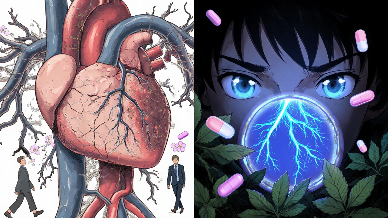 Split scene: one side shows a damaged heart with clogged arteries, the other shows a healed heart glowing with energy, surrounded by healthy symbols.
