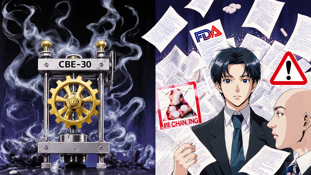 Split scene: rotary press vs single-punch press with regulatory labels and warning symbols.