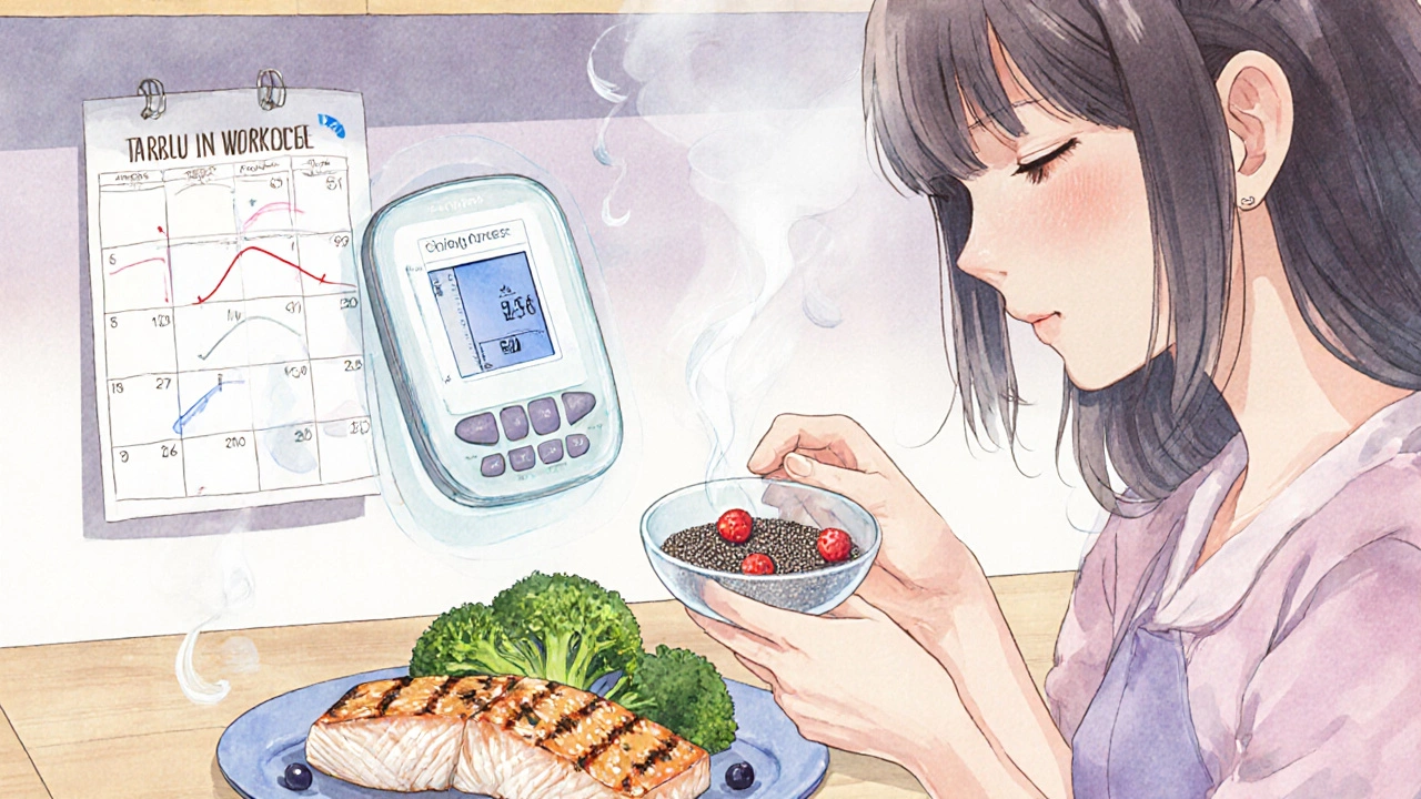 Woman preparing a healthy bowl with chia seeds and berries, a floating glucose monitor nearby