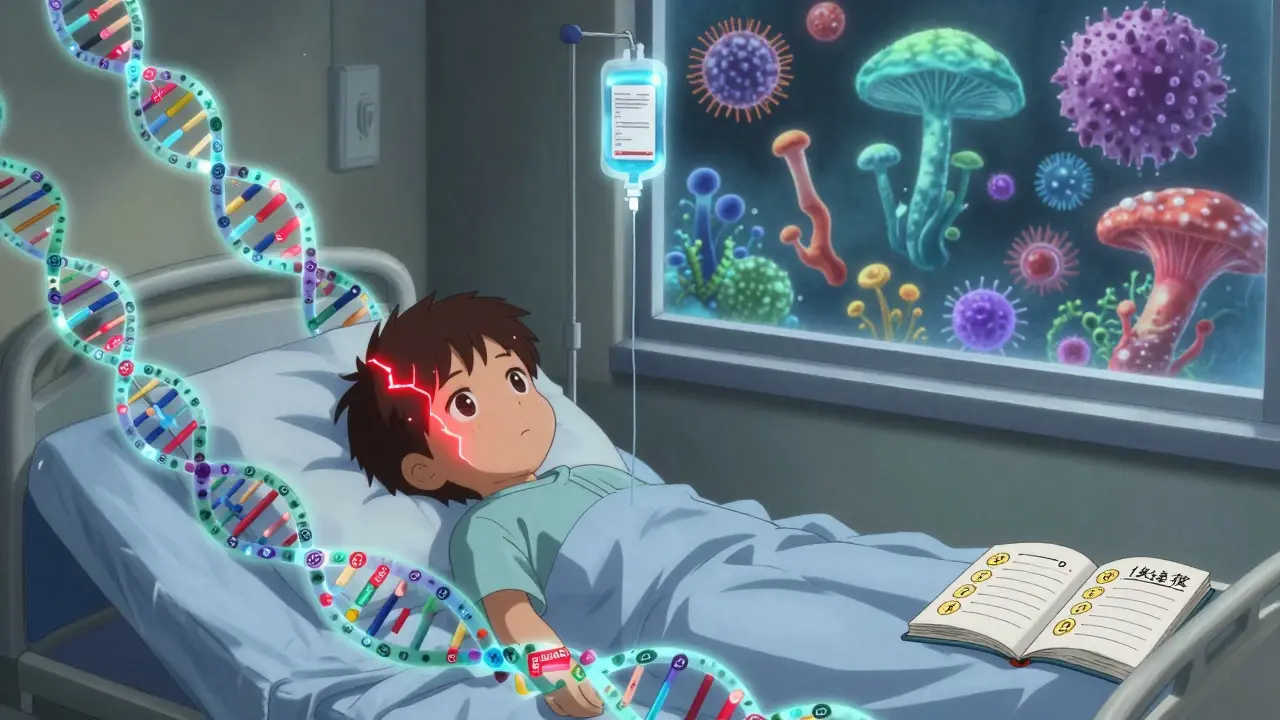 A child in a hospital bed with glowing DNA strands and a diagnostic panel activating, symbolizing genetic testing for immunodeficiency.
