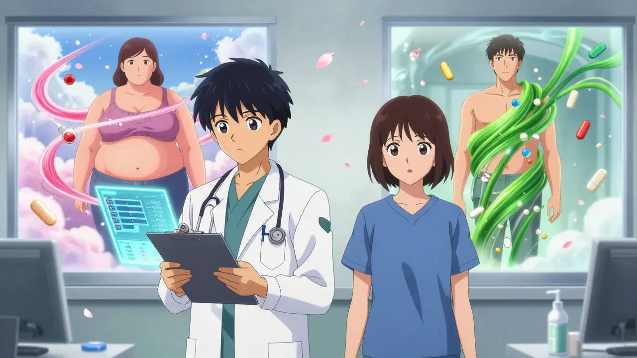 A doctor and patient in a medical office with dual weight-change worlds behind them, depicted in CLAMP anime style.