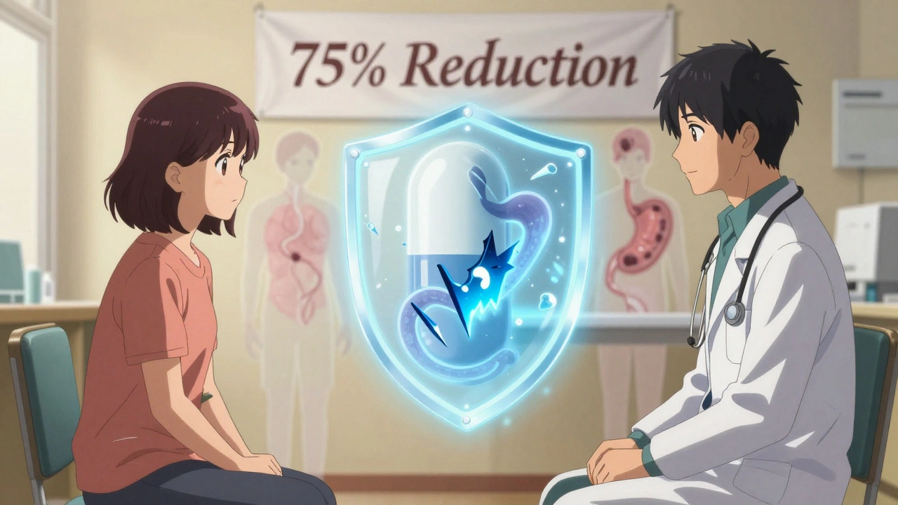 A doctor and patient protected by a glowing PPI tablet shielding the stomach from NSAID damage.