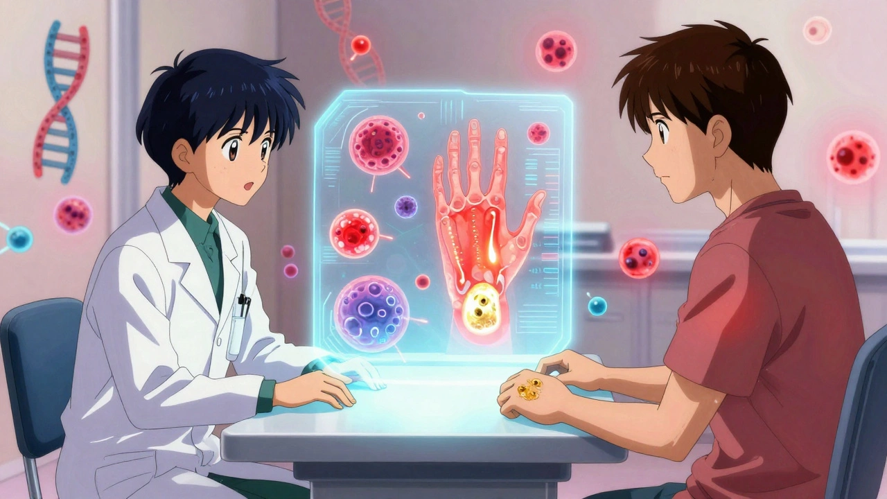 A doctor and patient viewing holographic immune cells attacking skin and joints.