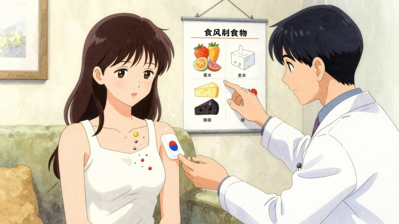 A doctor applying a patch to a patient while safe and unsafe foods float beside them in soft colors.