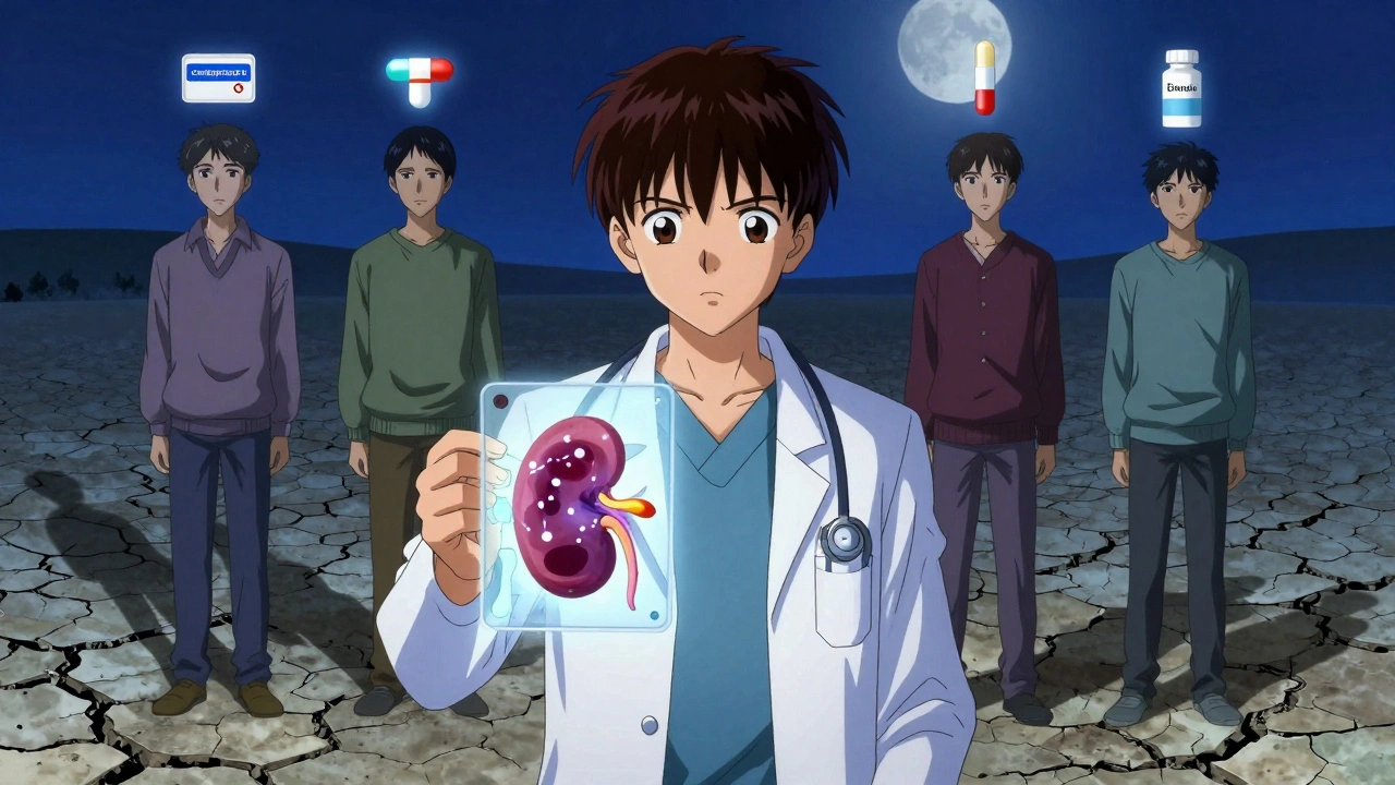 A doctor examines a biopsy slide showing inflamed kidney structures, with patients holding medication symbols behind them.