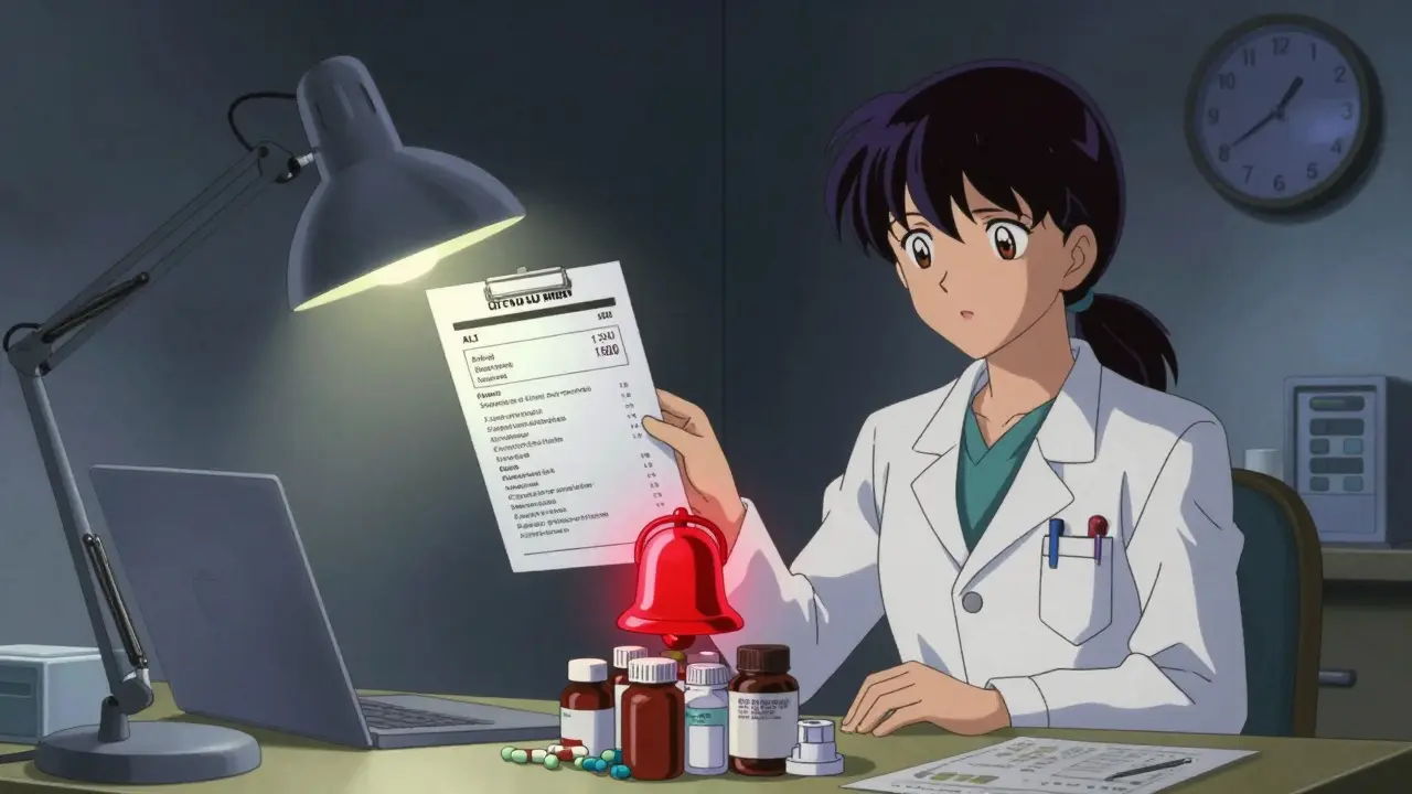 A doctor’s office at night with floating blood test results and alarm bells above supplement bottles.