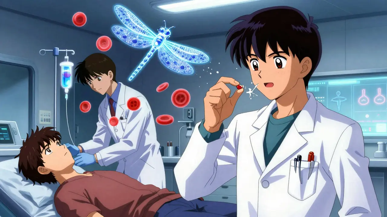 A doctor shattering an oral iron pill as glowing IV iron and a HIF-PHI dragonfly transform into red blood cells.