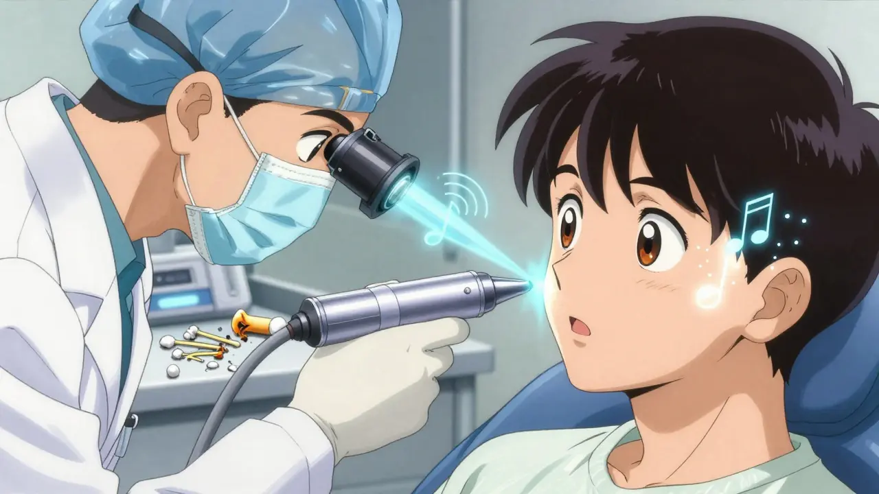 A doctor using microsuction to remove earwax, with sound waves emerging as musical notes, in CLAMP anime style.
