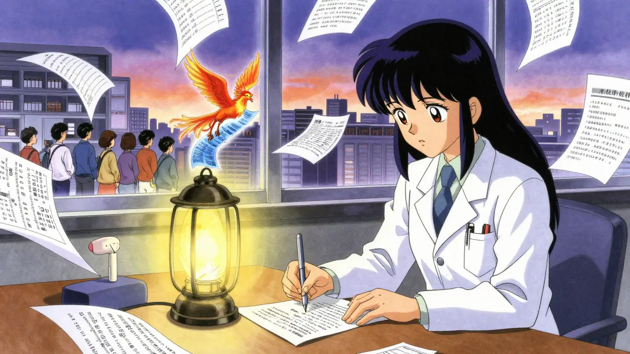 A doctor writing a prior authorization letter surrounded by swirling medical charts and a rising phoenix of hope.