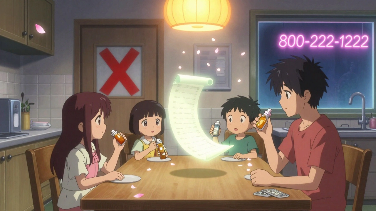 A family gathers at a table as a glowing list of medicines hovers above them, with a barred bathroom door in the background.