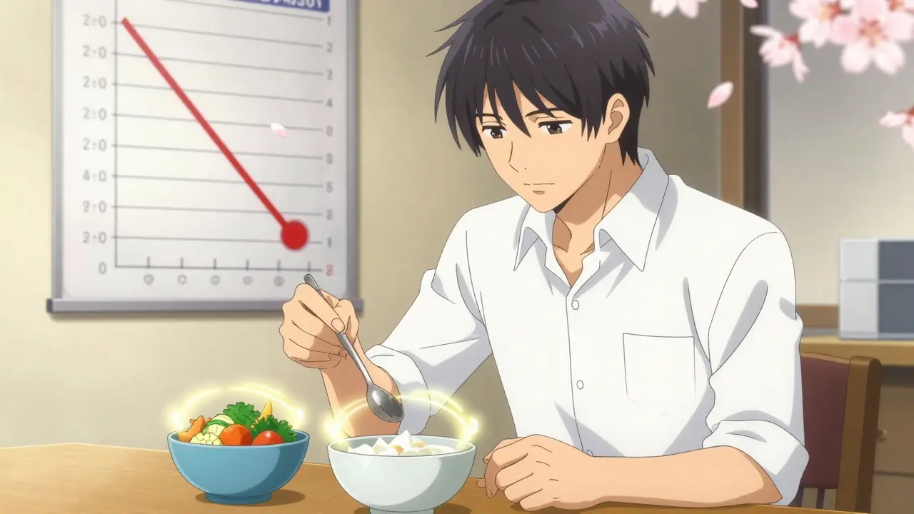 A man measuring low-sodium foods for the DASH diet, with a chart showing falling blood pressure.