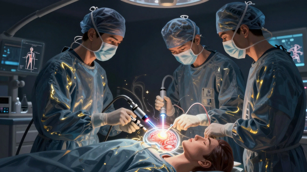 A minimally invasive brain surgery with a precise laser beam targeting a seizure focus, surrounded by energy trails and translucent anatomy.
