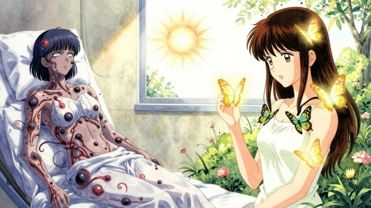 A patient contrasts harsh chemo with serene immunotherapy, represented by dark toxins and light butterflies.