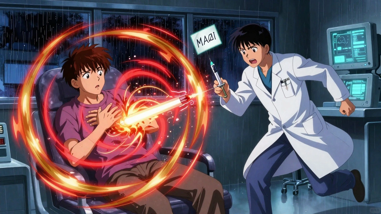 A patient in emergency room with glowing energy surge, doctor rushing in with medication.