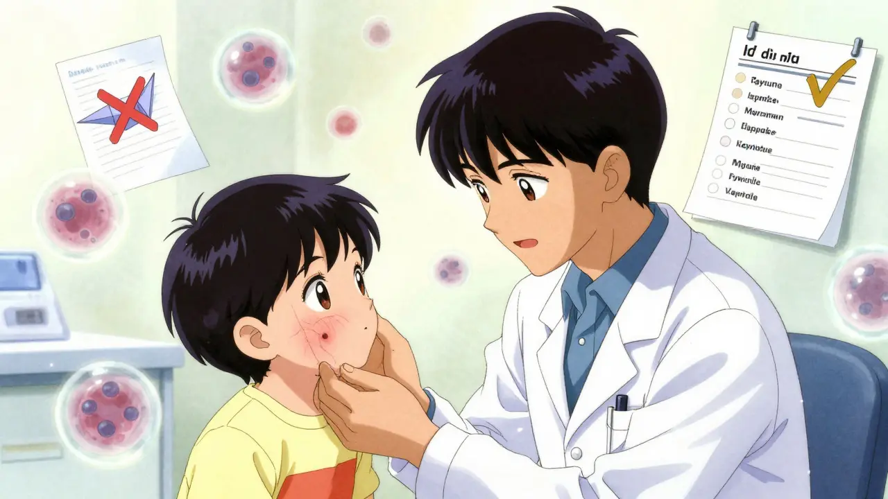 A pediatrician examining a child with visible immune system signs, ghostly blood cells and medical charts floating in the air.