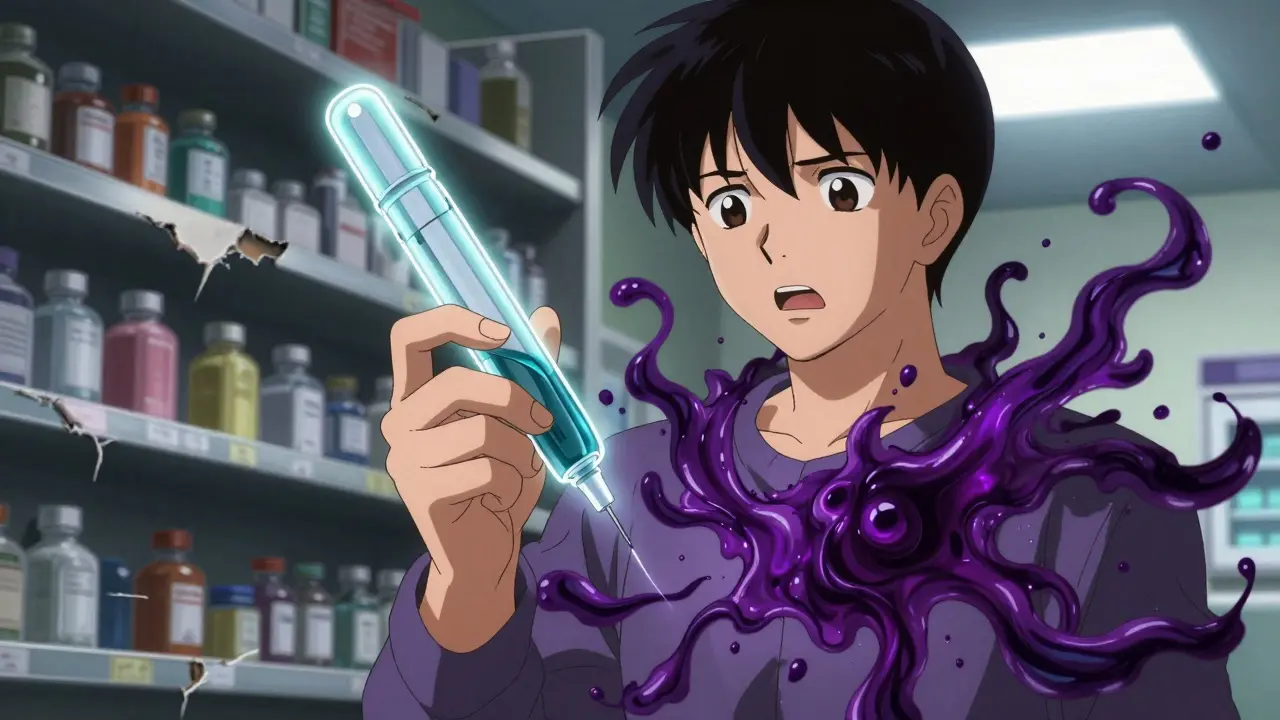 A person holding an expired EpiPen as dark allergic tendrils surround them, with a glowing replacement EpiPen beside them.