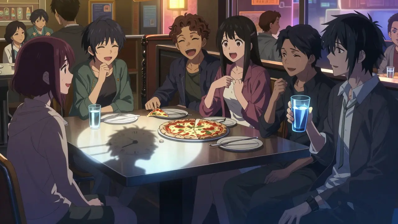 A person sitting alone at a night dinner with friends, holding water while others eat pizza.