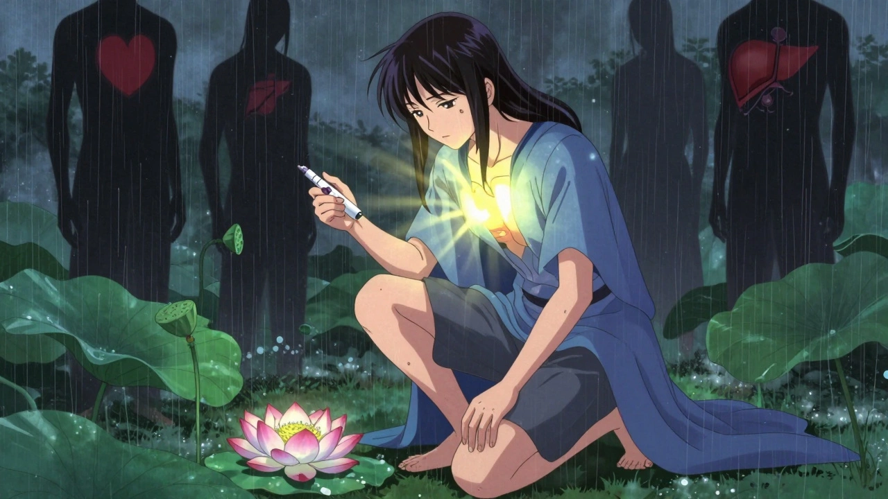 A person with PsA holding a biologic pen beside a lotus flower, shadowy health threats behind them.