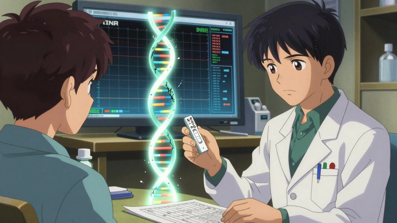 A pharmacist and patient sit with a genetic test kit and glowing DNA helixes representing warfarin metabolism genes.